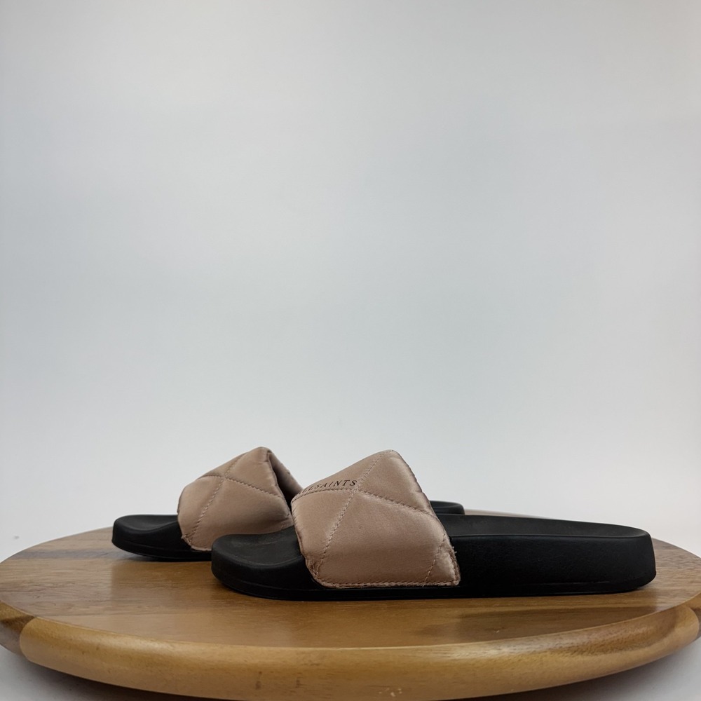 New NWOB Womens‎ AllSaints Bell Satin Slip On Misty Pink Slides Sandals Size 6 M